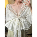 GETADME Elegant Lace Shirts Women Vintage Sexy V Neck Bandage Blouses Summer Fairy Korean Patchwork Long Sleeve Casual Design Tops New