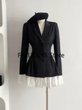 Getadme Women Formal Blazer Lapel Collar Autumn Winter Office Lady Korean Patchwork Contrast Color Outerwear Single Breasted Suit Jacket