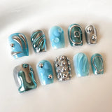 GETADME 10Pcs Handmade Gothic Short Press on Nails Rhinestone Round Manicure Decoration Wearable Full Cover with Design Acrylic Nail Tip