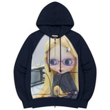 GETADME Harajuku Doll Print Hoodie Korean Style Jacket Womens Loose Fit Long Sleeve Cotton Blend Zip Closure Sweethearts Style Coat