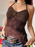 GETADME Rockmore Boho Vintage Print Mesh Patchwork Crop Top Women V Neck Camis Y2K Streetwear Female Coquette Aesthetic Clothes 2025