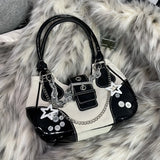 Getadme Patent Leather Canvas Women Tote Shoulder Bag Retro Y2k Cool Girls Chain Purse Handbags Fashion Stars Female Underarm Bags