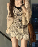 GETADME Crochet Lace Tunic Top Boho Beach Cover-up Lantern Sleeve Tassel Open Knit Longline Jacket Women Spring Summer 2026 Cottagecore