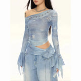 GETADME Women's Denim Cutout One-Shoulder Top Bell Sleeve Ruched Crop Top Y2K Streetwear Fashion
