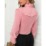 Getadme-Spring Summer New Solid Color Women's V-neck Pleated Long Sleeve Shirt Ruffle Top