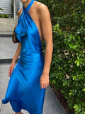 GETADME Halter Neck Satin Long Dres Summer Solid Color Backless Long Dress for Beach Party Streetwear Women Sleeveless Elegant Dress