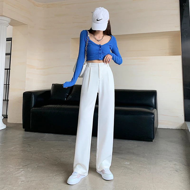 Pantalon tailleur GETADME pour femme, taille haute, longueur au sol, blanc, coupe ample, jambes larges, idéal pour l'automne et l'hiver. Pantalon droit long pour femme, parfait pour le bureau.