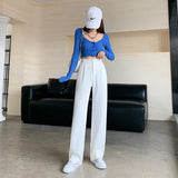 Pantalon tailleur GETADME pour femme, taille haute, longueur au sol, blanc, coupe ample, jambes larges, idéal pour l'automne et l'hiver. Pantalon droit long pour femme, parfait pour le bureau.