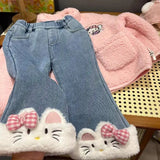 GETADME Sanrios Girl Pants Autumn Winter Hello Kittys Child Cowboy Bell Bottoms Children's Clothing Keep Warm Thicken Leisure Trousers