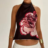 GETADME Combhasaki Women's Y2K Button Closure Halter Neck Crop Tops Sleeveless Backless Aesthetic Dots/Tie-dye Flower Print Summer Vests