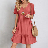 GETADME 2025 Loose V-neck Short Sleeved Pleated Women Dress Solid Color A-line Beach Dresses Elegant Simple Comfortable Woman Clothing