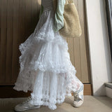 GETADME Elegant Long Multi Layer Mesh Skirt for Women Elastic Waist A-Line Summer Skirt Woman Sweet White Lace Patchwork Cake Skirts