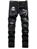 GETADME Men's Black Distressed Jeans Skull Patch & Embroidery Letter Print Slim Fit Stretch Denim Pants Street Fashion Biker Trousers