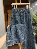 GETADME Retro American Leopard Print Jeans Women's Heavy Du Casual Loose Fit Long Pants Trendy Straight Leg High Waist Denim