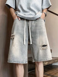 GETADME Summer Distressed Ripped Jorts Mens Drawstring Retro Fashion Denim Shorts Hombre Y2K Streetwear Baggy Short Jeans Blue Bermuda