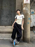 GETADME 2025 Sweet And Spicy Short Sleeve Slim Fit T-Shirt Women's Summer Design Unique Short Shoulder Trendy Top V-neck Print Splice