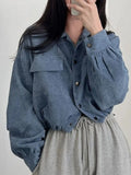 Getadme  1 Women Vintage Corduroy Cropped Jacket Korean Fashion Long Sleeve Drawstring Blouses Female Loose Single Breasted Coats Cardigan