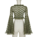 GETADME Green Y2K Mori Girl Flared Sleeve Cardigan For Women Tie-up Lace Cover-Ups Perspective Ruffes Cropped Shirts Coquette