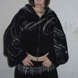 Ensemble GETADME sweat-shirt à capuche manches longues, style rétro hip-hop, coupe droite, imprimé diamant, pour fille sexy