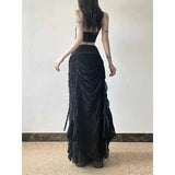GETADME MEXZT Y2K Lace Mesh Long Skirt Women Harajuku Vintage Patchwork Bandage Black Skirts Gothic Aesthetic High Waist Chic Faldas New