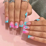 GETADME 24Pcs Short Square Coffin False Nails Square Fake Nails with Glue French Glitter Wearable Acrylic Nails Set Press on Nail Tips