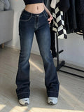 GETADME Kalevest Y2K High Street Low Rise Jeans Blue Women Pants Bootcut  Pockets Jeans Streetwear Low Waist Jeans Wide Leg Pants