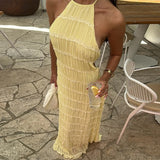 GETADME 우아한 플리츠 홀터넥 롱 드레스 여성 레트로 섹시 슬림 슬리브리스 백리스 비치 드레스 여성 시크 파티 홀리데이 베스티도