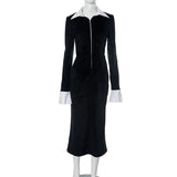GETADME Trendy Color Blocking Lapel Long-sleeved Zip Up Elegant Long Bodycon Dresses Patchwork Velvet Fall&Winter Party Evening Gowns