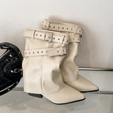 GETADME Fashion Pointed Toe Women Western Ankle Boots Elegant Thick Heels Shoes Laides Belt Buckle Short Booties Zapatos Mujer