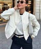 Getadme Women Fashion With Pockets Bomber Jacket Coats Vintage Long Sleeve Front Button Casual Female Outerwear Chic Tops