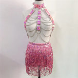 GETADME Women PU Leather Harness 2 Piece Set Sexy Hollow Out Metal Chest Chain With Tassel Sequins Mini Skirt Gothic Party Club Outfits