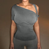 GETADME Women T Shirt Asymmetrial Twist Up Short Sleeve Solid Skew Collar Female Tops Tee Summer 2025 Sexy Slim Streetwear Clothes