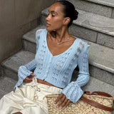 GETADME Trendix 여성용 여름 니트 긴팔 카디건 V넥 솔리드 바디콘 홀로우 아웃 숏 탑 파티 클럽 슬림 베케이션 탑 여성