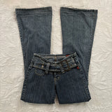 GETADME Y2K Vintage Low Rise Flare Jeans Women Harajuku Fashion Pockets Buckle Belt Blue Denim Pants Gothic Hot Girl Slim Fit Trousers