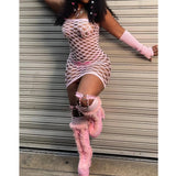 GETADME 핑크 미니 드레스 여성 스트랩리스 시스루 백리스 슬리브리스 스키니 베스 티도 여성 파티 나이트 클럽웨어 메시 란제리 드레스