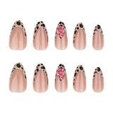 GETADME 24pcs Brown French Leopard Print Press On Nails Stereo Pink Flower Designs Autumn False Nails Sweet Cool Almond Fake Nail Tips