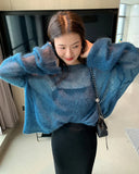 Women Pullover Solid Color Mohair Sweater Loose Oversized Sexy Off Shoulder Hollow Knit See Through Harajuku Long Sleeve Sweater
