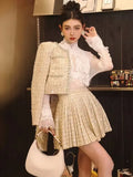 GETADME Small Fragrance Autumn Winter Beading Tweed Pearls Short Jacket Coat + Mini Pleated Skirt Suit Two Piece Sets Womens Outifits