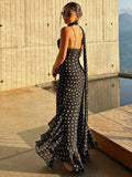GETADME Retro Polk Dot Long Dress With Ribbon Women Sexy Low Cut Sleeveless Pleated Slim Evening Dresses Female Spring Chic Street Party