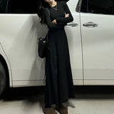 GETADME Korean Fashion Autumn Winner New Dresses Women Solid O-Neck Corset Temperament All-match A-line Slim Loog Sleeve Long Dresses