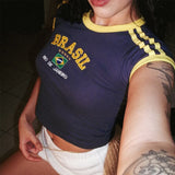 GETADME Brazilian letter embroidered Gothic cut top street clothing plaid baby T-shirt retro short sleeved Y2k clothing 2025 summer EMO