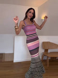 GETADME Striped Knitted Halter Dress Slimming Waist Cinching Color Patchwork Sexy Suspender Robes Beach Women Fashion Strap Long Dresses