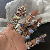 Getadme Y2K 1 Crystal Rings Kpop Heart Adjustable Ring Irregular Geometry Punk Vintage Rings Set for Women Girls New Fashion Jewelry