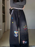 GETADME 여성 소녀 애니메이션 자수 청바지 귀여운 코어 로우 라이즈 그런지 일본 하라주쿠 갸루 Y2K 데님 팬츠 힙합 2000년대 미학 새 상품