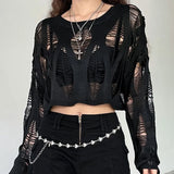 GETADME Women Hole Hollow Out Y2K T-shirts Batwing Sleeve Knitted Shirt For Women Loose Streetwear Tops Spring Autumn 2025