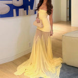 GETADME 2025 Summer Floor-length Mesh Hem Strapless Silm High Waist Fashion Slash Neck Ladies Maxi Dress Lady Party Holiday Party Gowns