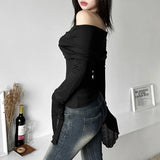 GETADME Y2k Aesthetic Simple Fashion Women's Tee Shirts Slash Neck Long Sleeve Solid Casual T-Shirts Vintage Off Shoulder Trendy Tshirts