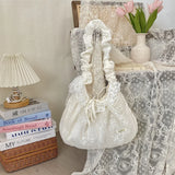 GETADME Sweet Lace Ruffle Korean Fashion Shoulder Bag for Student Girl Chic Floral Crossbody Bag Portable Large Capacity Storage Bag