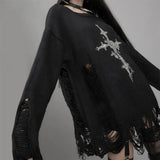 Getadme -Y2K Aesthetic Spring Long Sleeves Criss Cross Sweaters 00s Vintage Graphic Jumpers Gothic E-girl Ripped Pullovers Streetwear