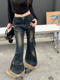 GETADME 여성 아이돌 로우라이즈 시크 청바지 로우라이즈 Y2K 인조 모피 데님 플레어 팬츠 2000년대 스타일 바지 ABI 그런지 사이버 펑크 한국 신상품